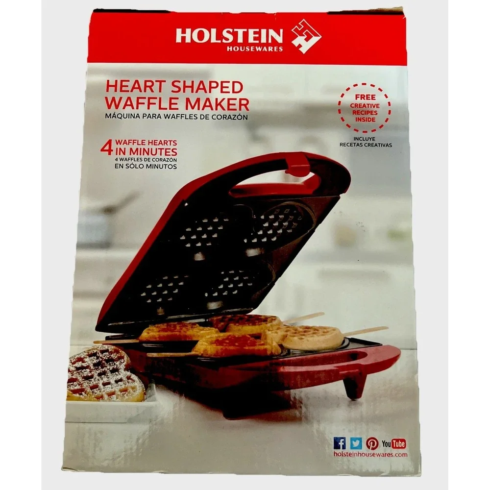 HOLSTEIN HOUSEWARES Red Heart-Shaped 4-Waffle Maker Non-Stick‎ New